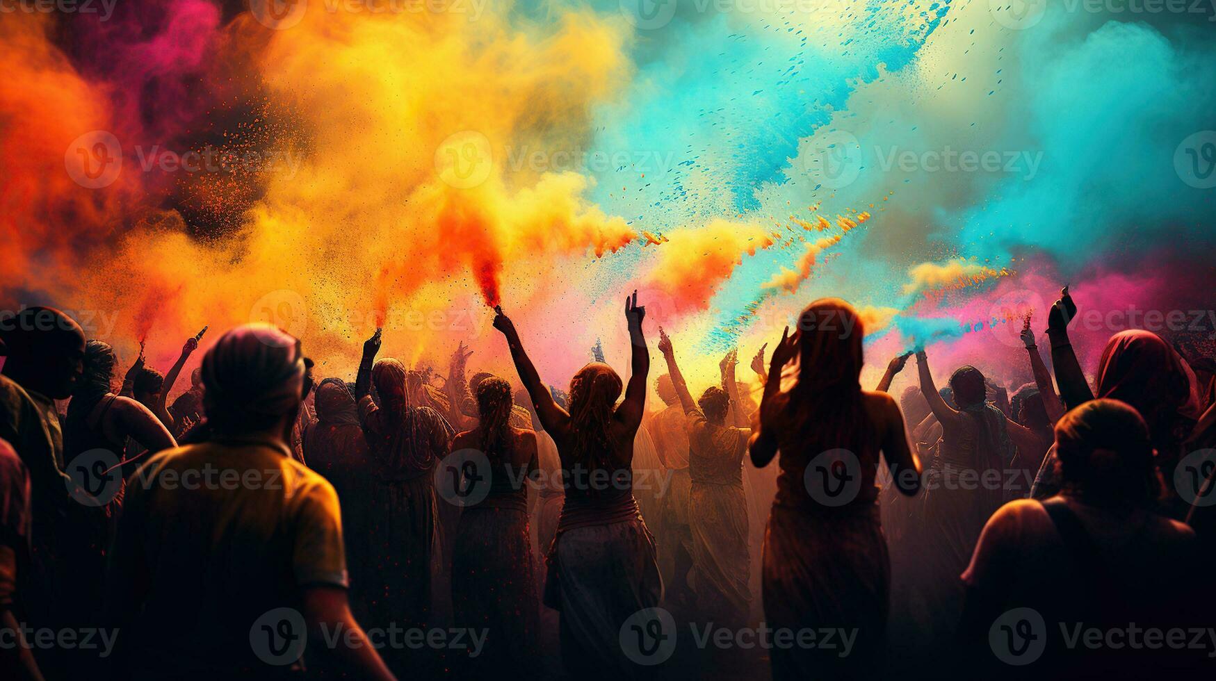 Multi Colored people silhouettes on Holi festival of spring, Holi festival celebration. Generative AI photo
