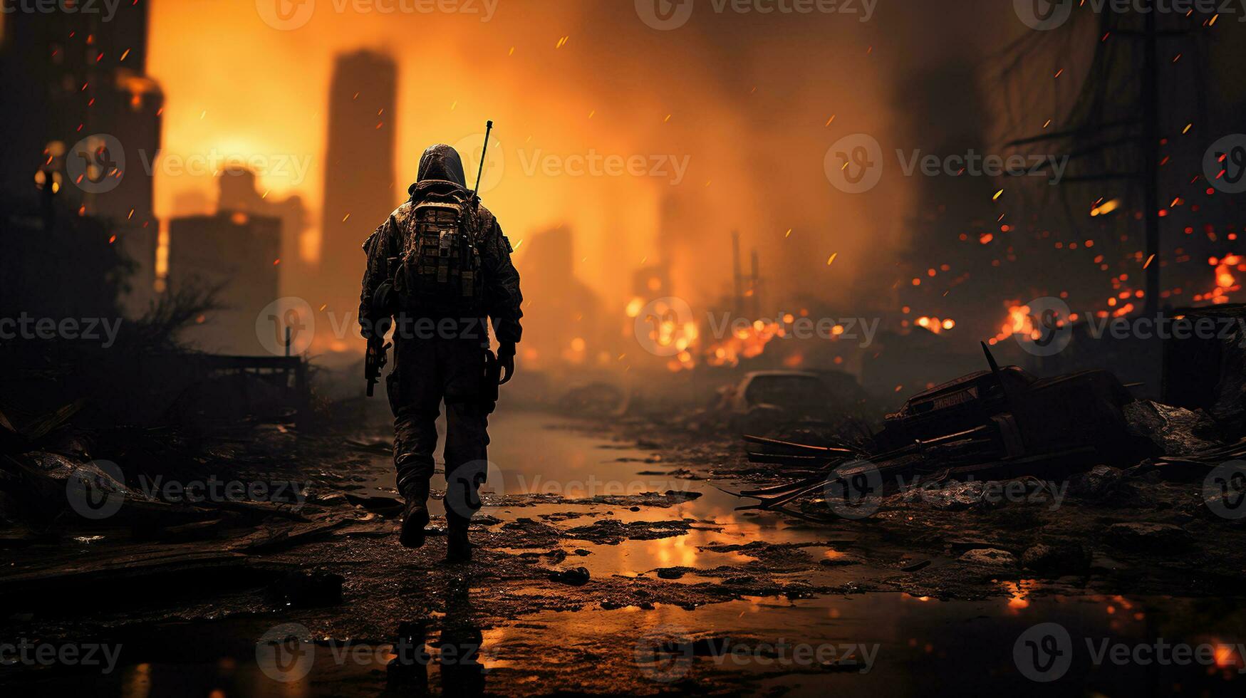 un solitario de soldado camino en el destrozado paisaje urbano generativo ai foto