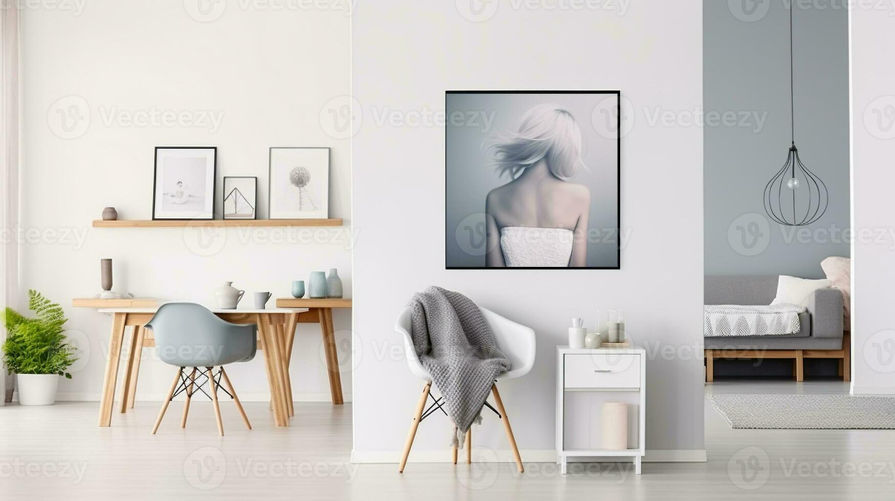 Contemporary Comfort - Chair and Table Set in a White Open Space Interior. Generative AI photo