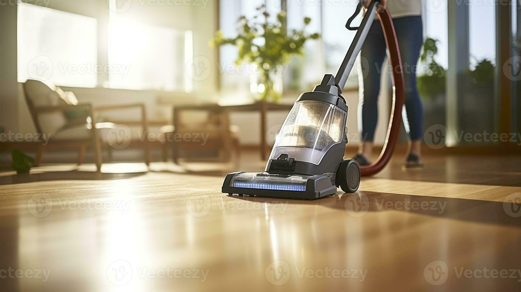 Spotless Floors - Woman clean floor with a vacuum cleaner. Generative AI photo