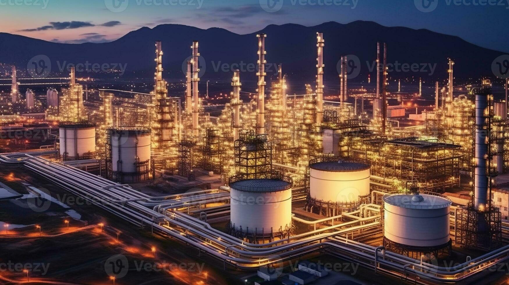 Aerial view oil and gas petrochemical industrial, Oil refinery plant from industry zone. Refinery factory oil storage tank and pipeline steel at night. Generative AI photo