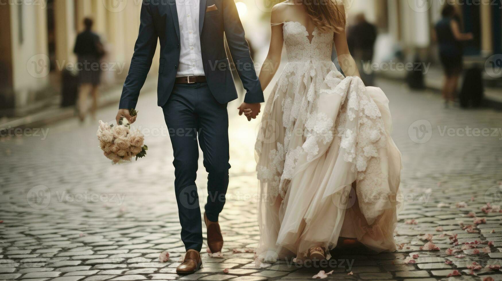 Intimate Moments - The bride and groom goes ahead on the pavement and walking, holding hands on a stroll along the street in the city. Generative AI photo