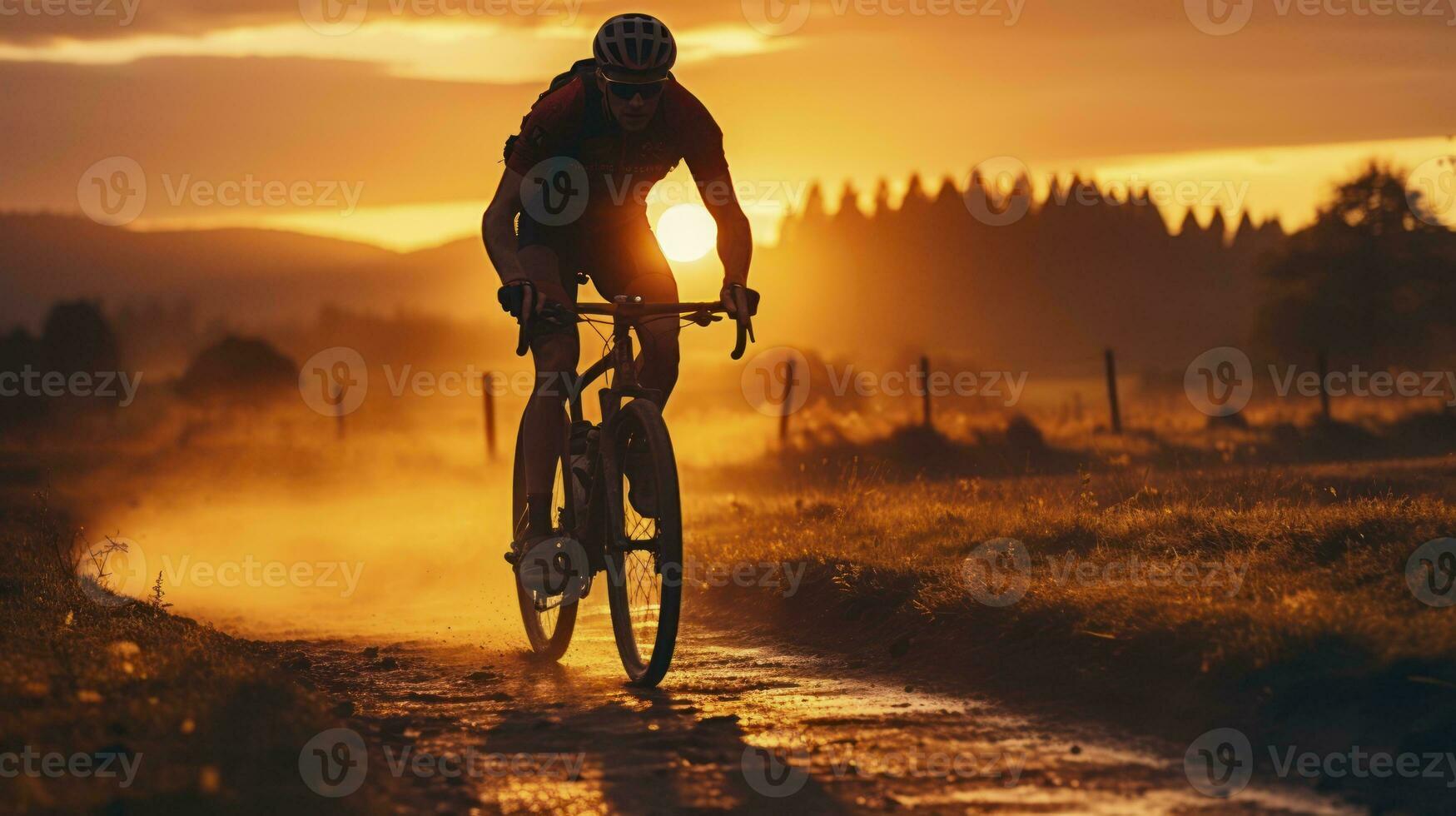 silueta ciclista conquistador grava rutas en un dramático puesta de sol antecedentes. generativo ai foto