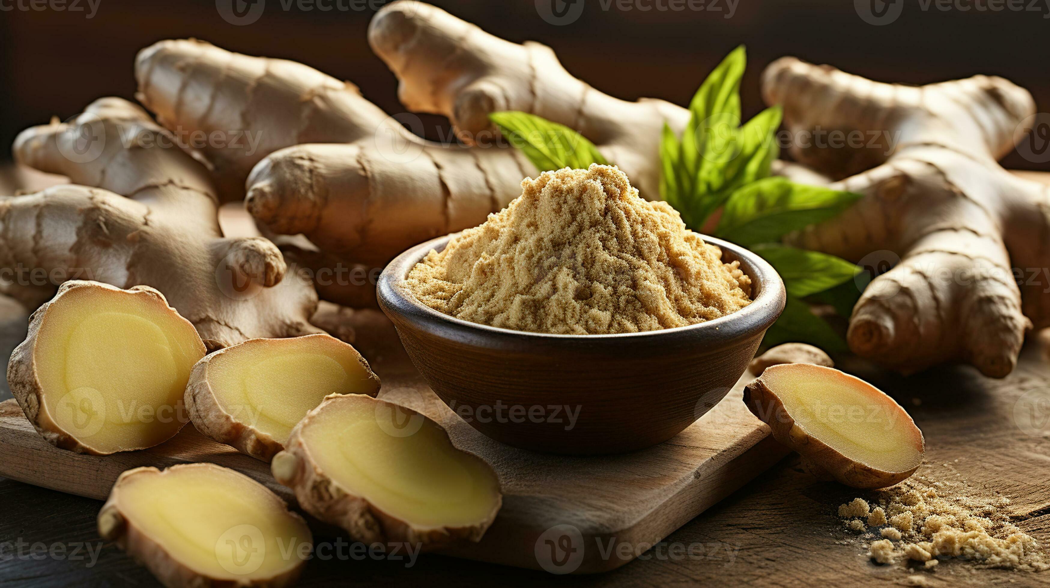Fresh chopped ginger root and ground ginger powder in wooden spoon on wooden rustic table