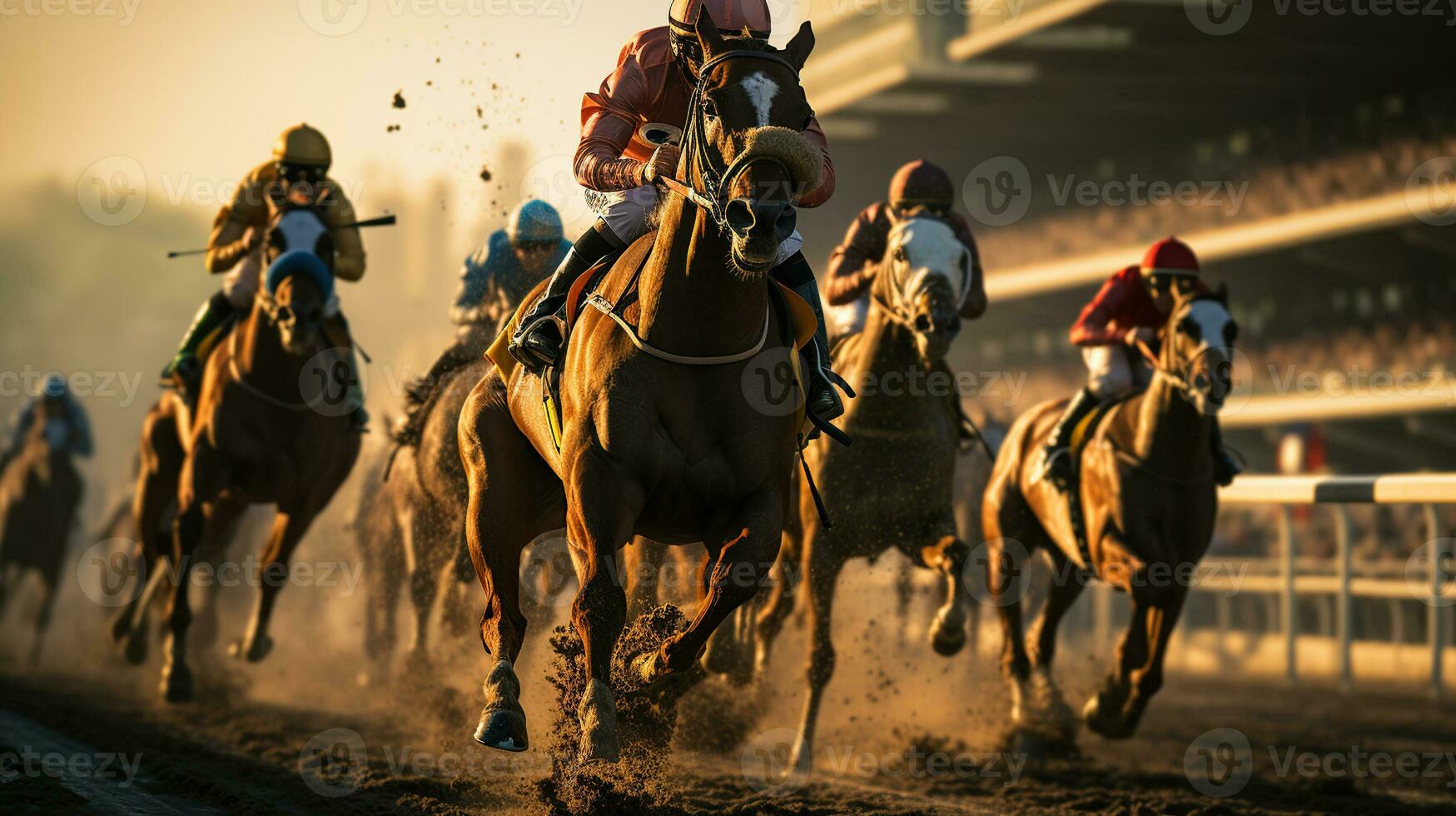 jinetes montando caballos en un carrera, un foto de un caballo carrera, generativo ai