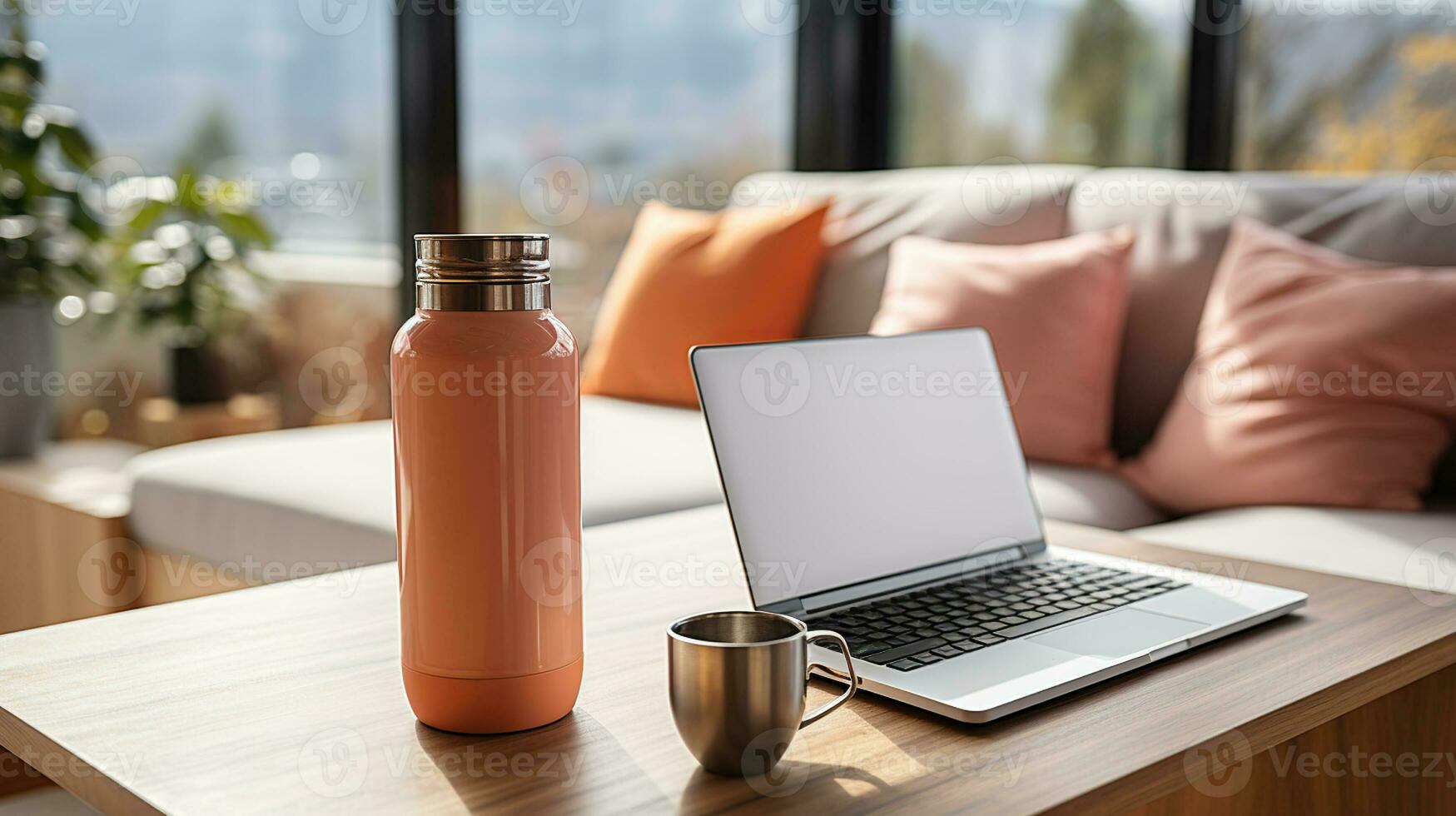 Laptop and Thermos. The Perfect Duo for Productivity and Comfort. Generative AI photo