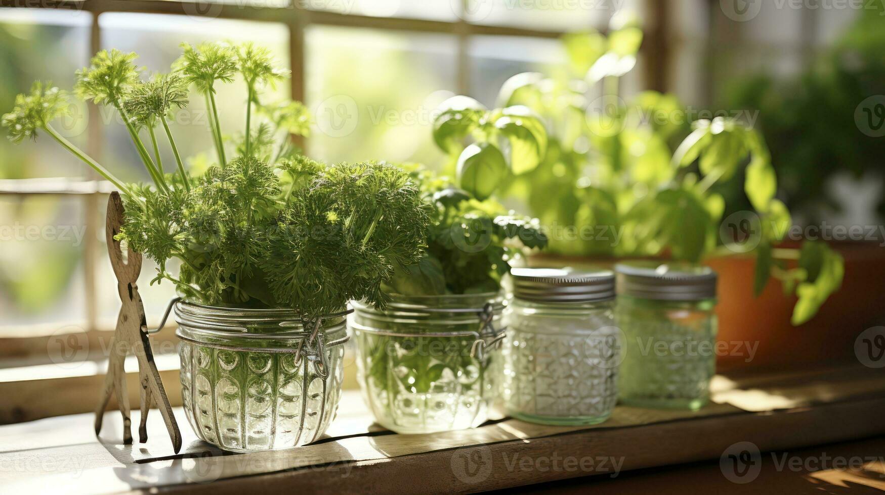 Fresh Flavors on the Ledge. A Kitchen's Herb-filled Windowsill. Generative AI photo