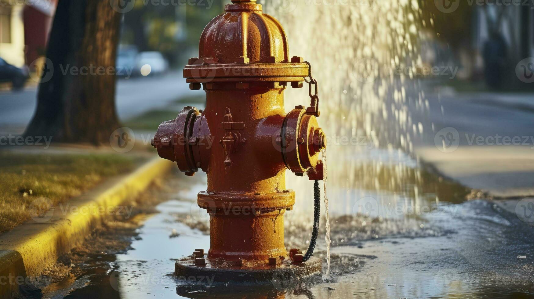 Fire hydrant wide open gushing water onto the street, where water is falling back down over the pavement. Generative AI photo