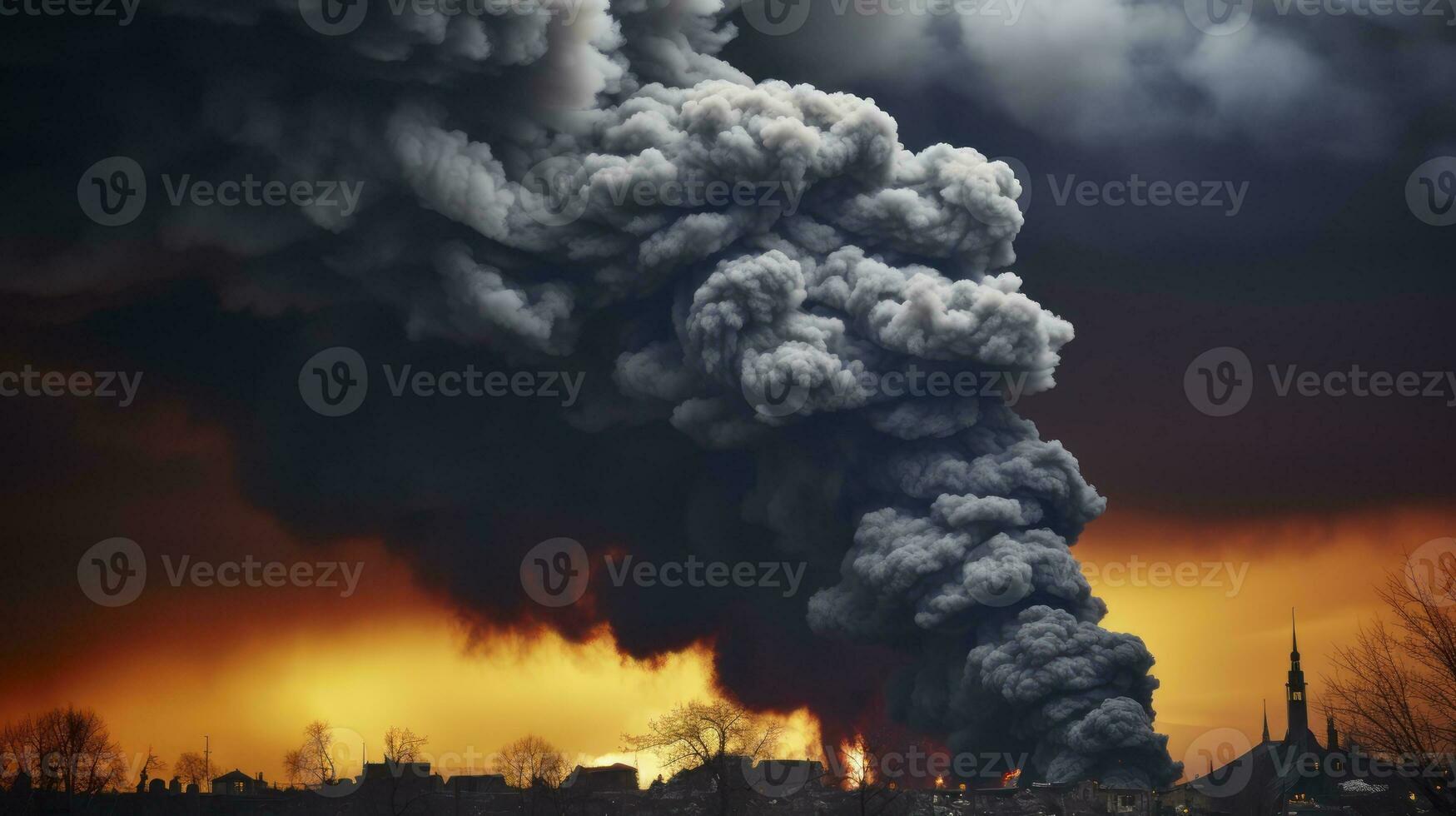 Thick Black Smoke Ascends, Painting a Grim Picture of the War's Devastation. Generative AI photo