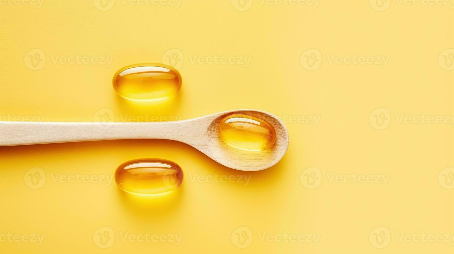 Omega 3 fish liver oil capsules in wooden spoon. Healthy every day fatty acids nutritional supplement on yellow background. Generative AI photo