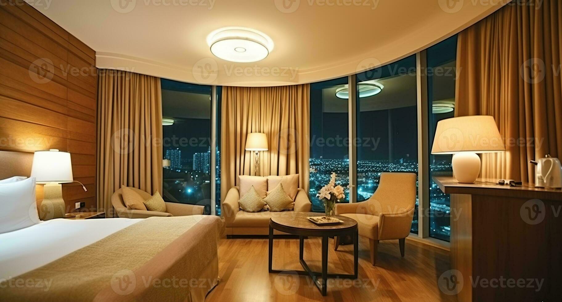 Room with a View. Luxuriate in Style in a Hotel Room with Expansive Windows. Generative AI photo
