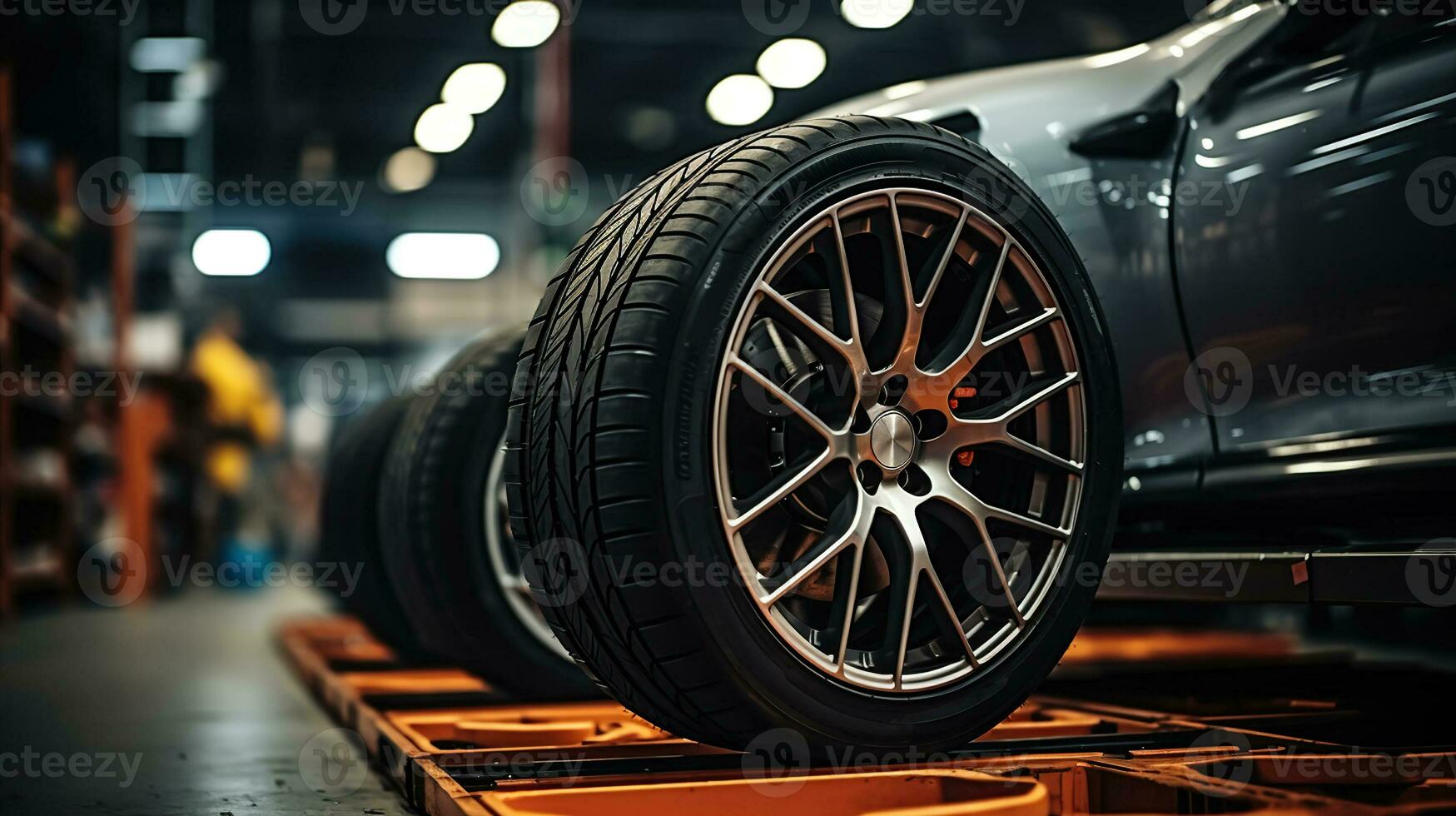 New tires and wheels on the garage background. Generative AI photo
