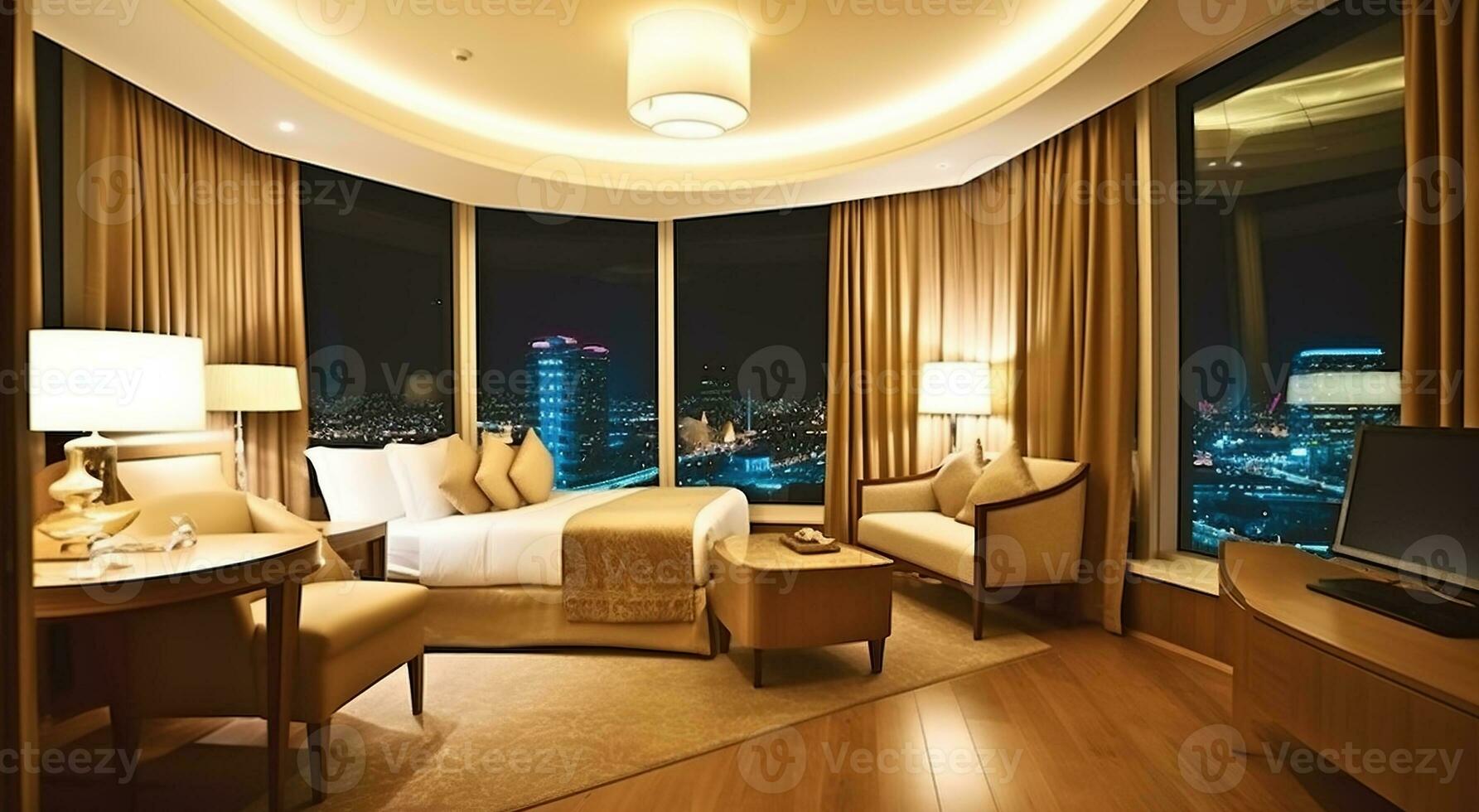 Embracing Opulence in a Hotel Room with a Large Window. Generative AI photo