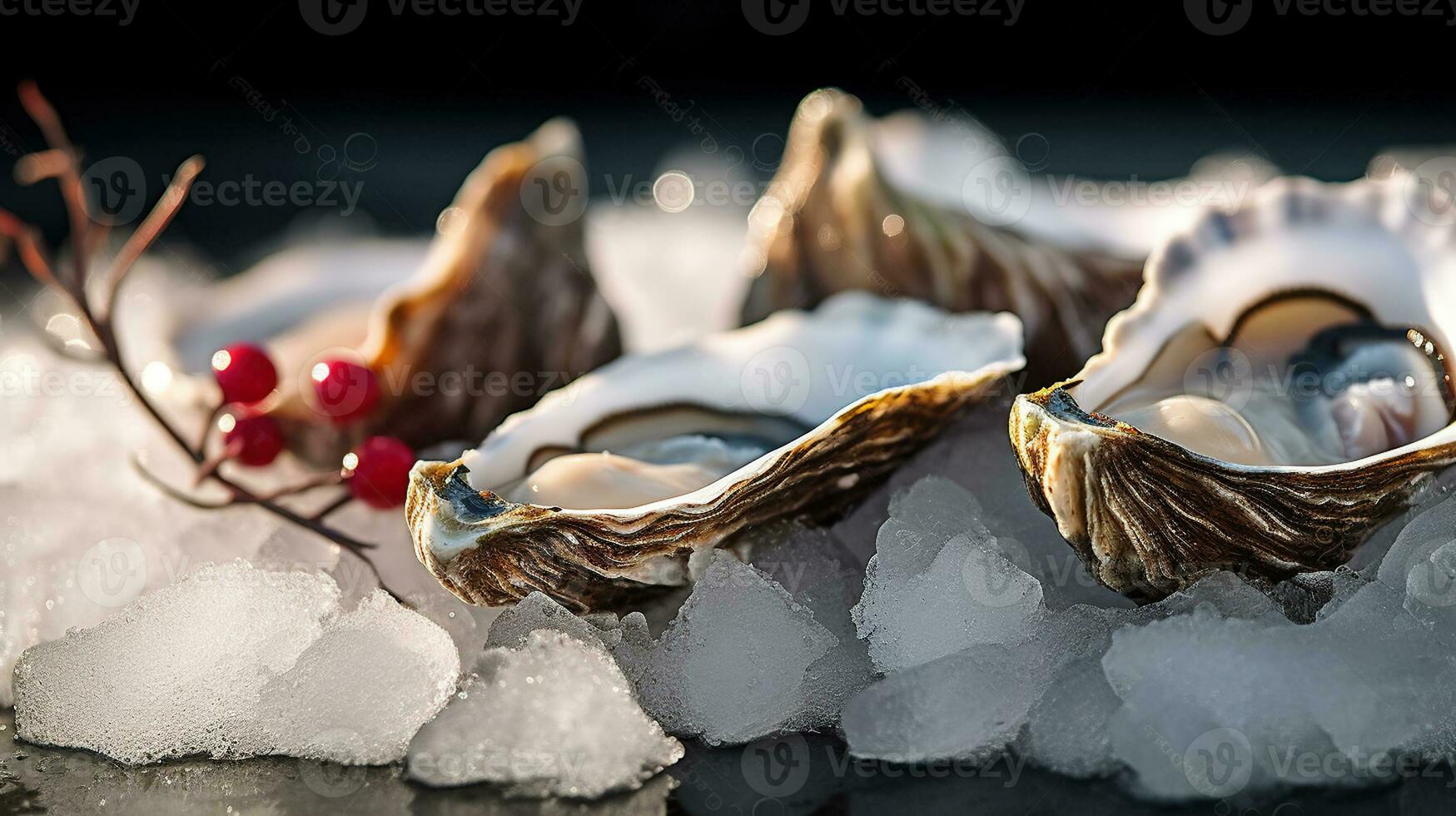 The Jewel-Like Fresh Oyster Rests Gracefully on a Bed of Frosty Crushed Ice. Generative AI photo