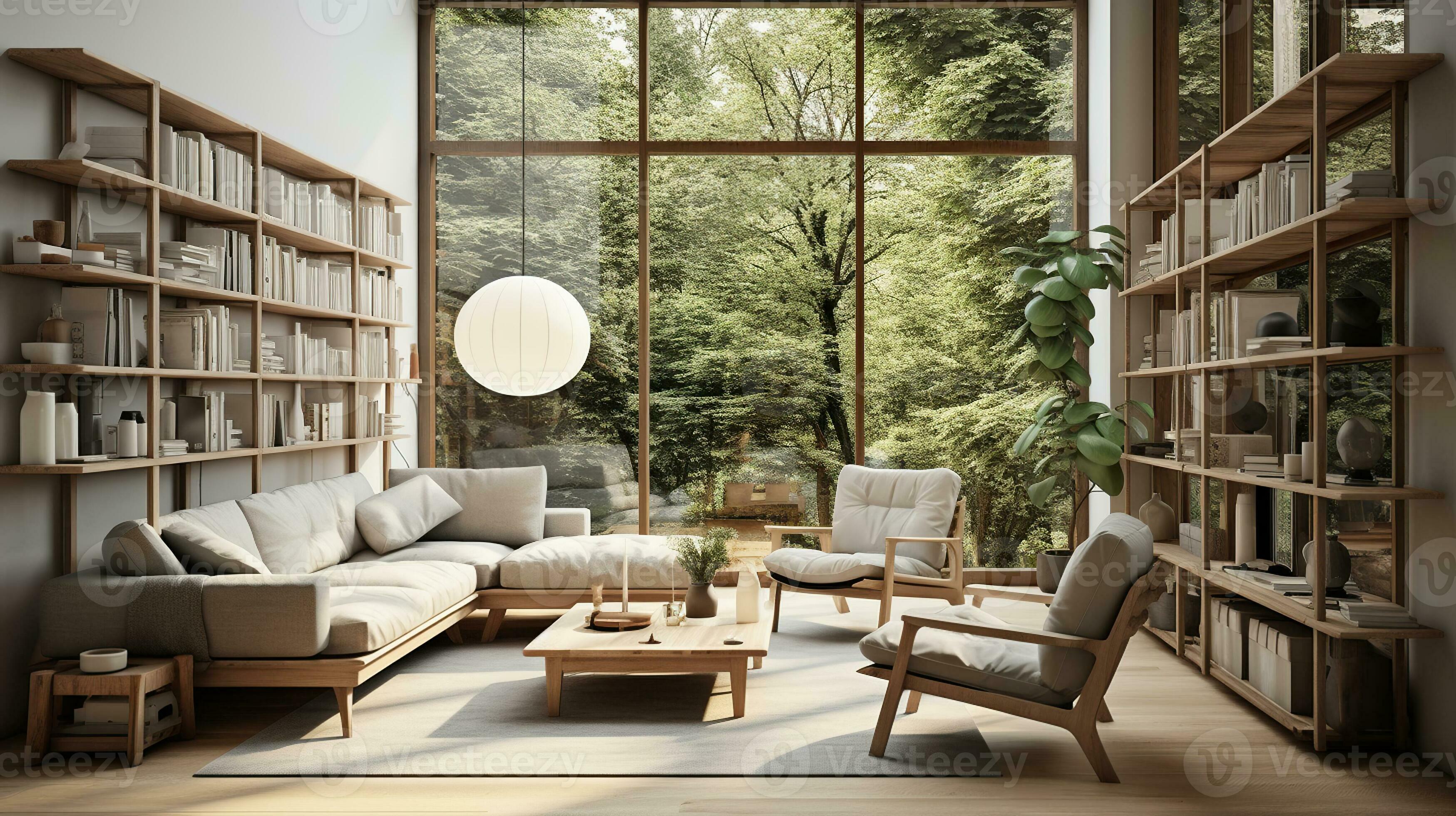 A living room filled with furniture and a bookshelf next to a