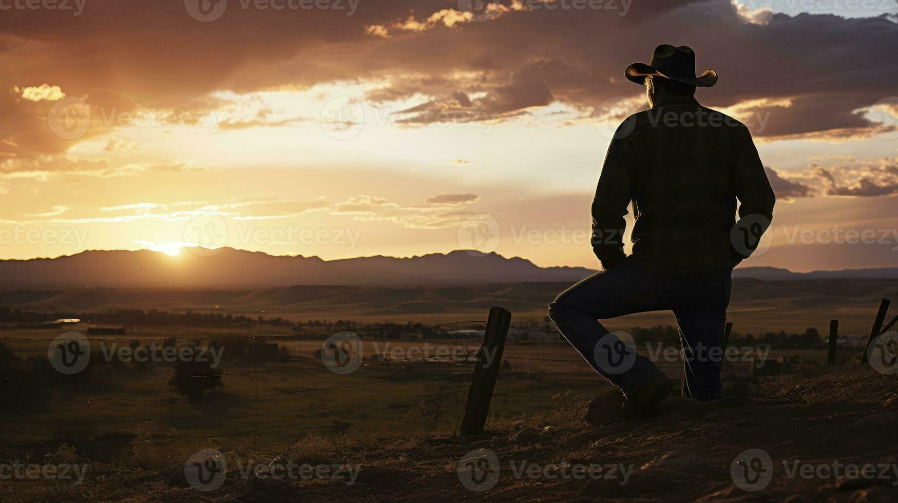 Back View Cowboy watching sunset. Generative AI photo