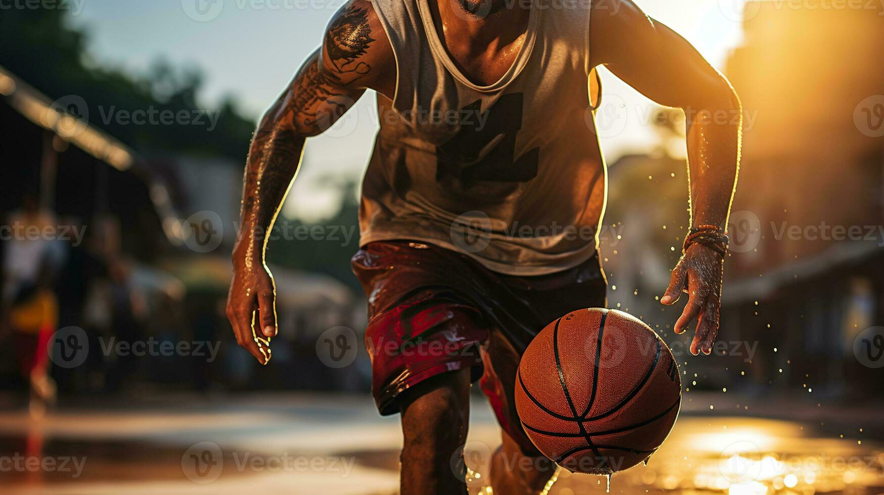 Street Ball Symphony. A Basketball Player's Dribbling Delight. Generative AI photo