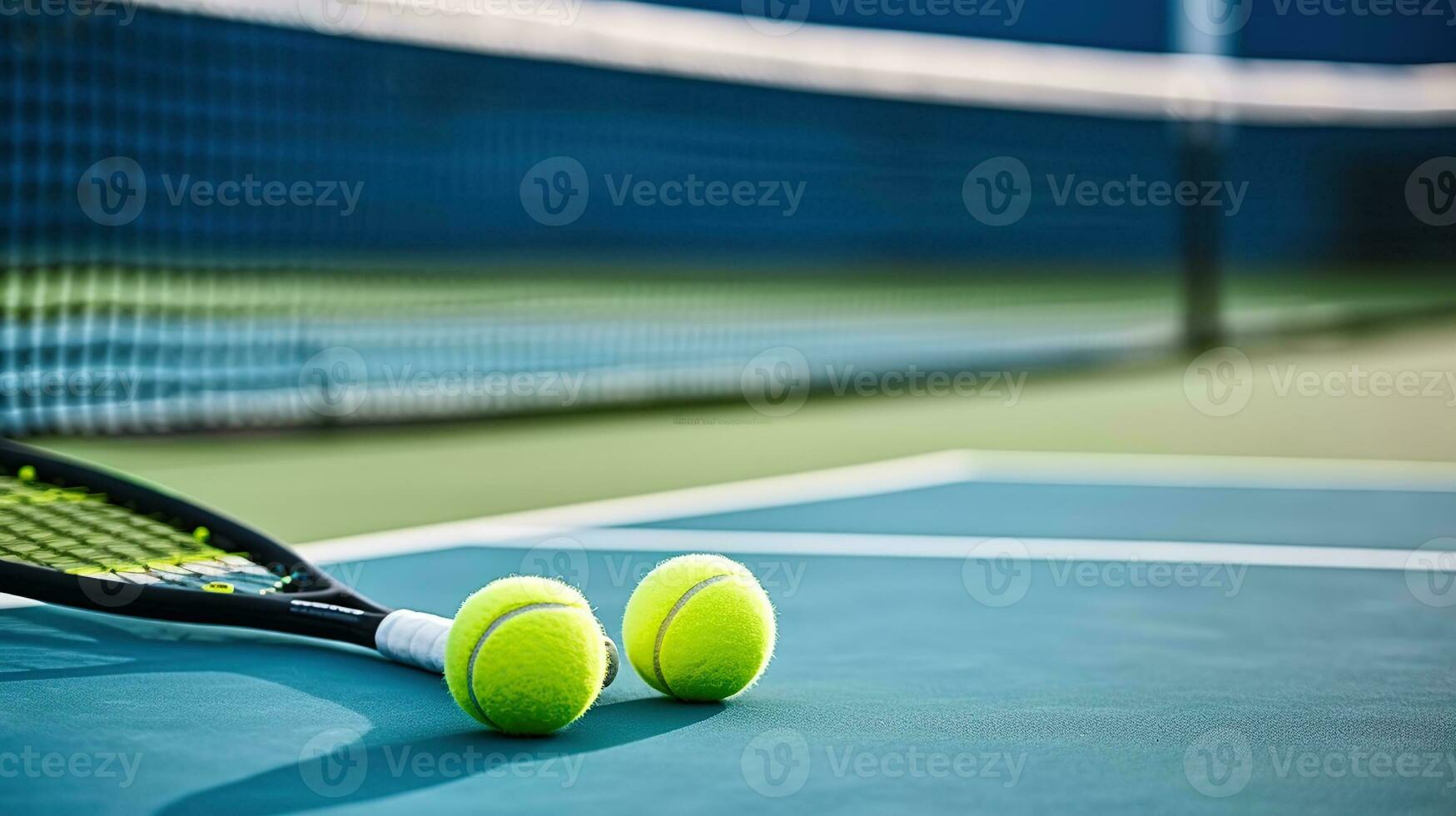 Tennis Racket and Balls on the White Line. Generative AI photo