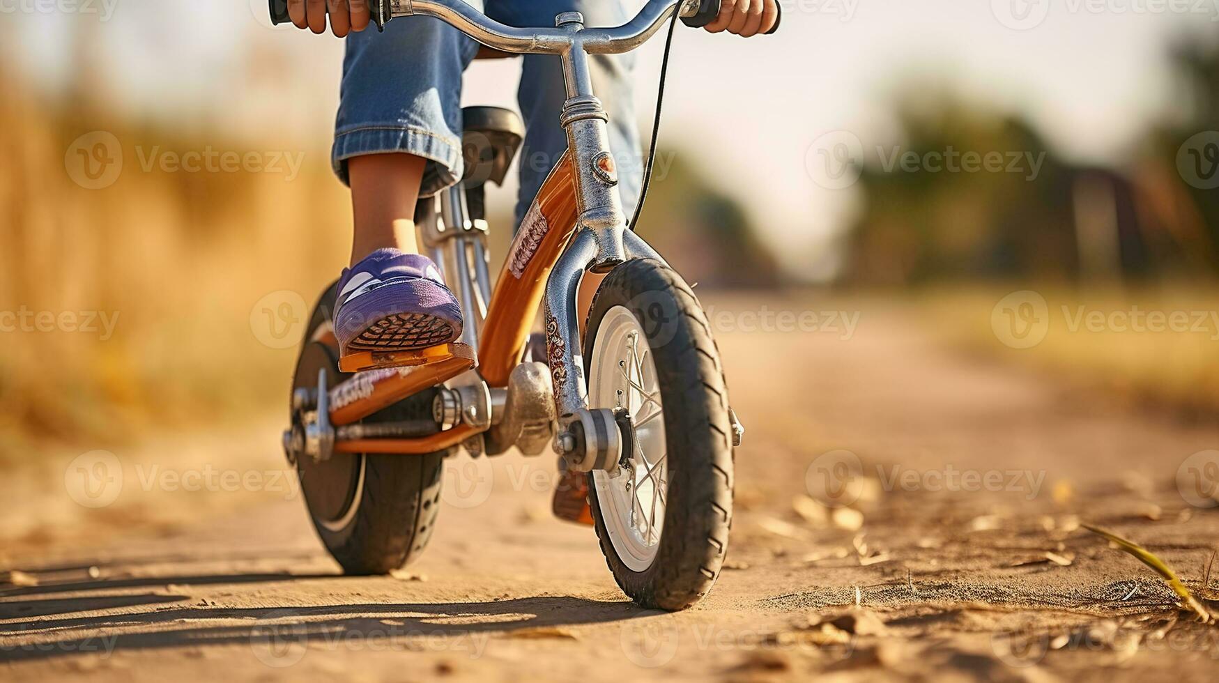 alegre viajes niños en el moverse con su bicicletas generativo ai foto