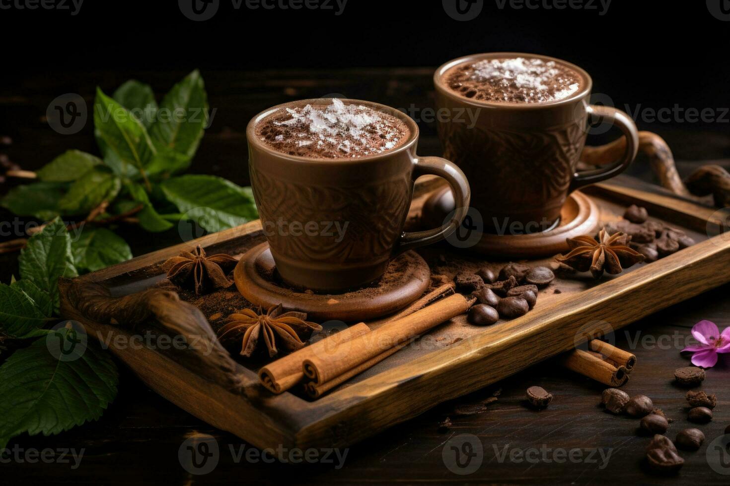 Two cups of hot cocoa on a wooden tray. Organic healthy chocolate drink prepared from cocoa beans. Generative AI photo