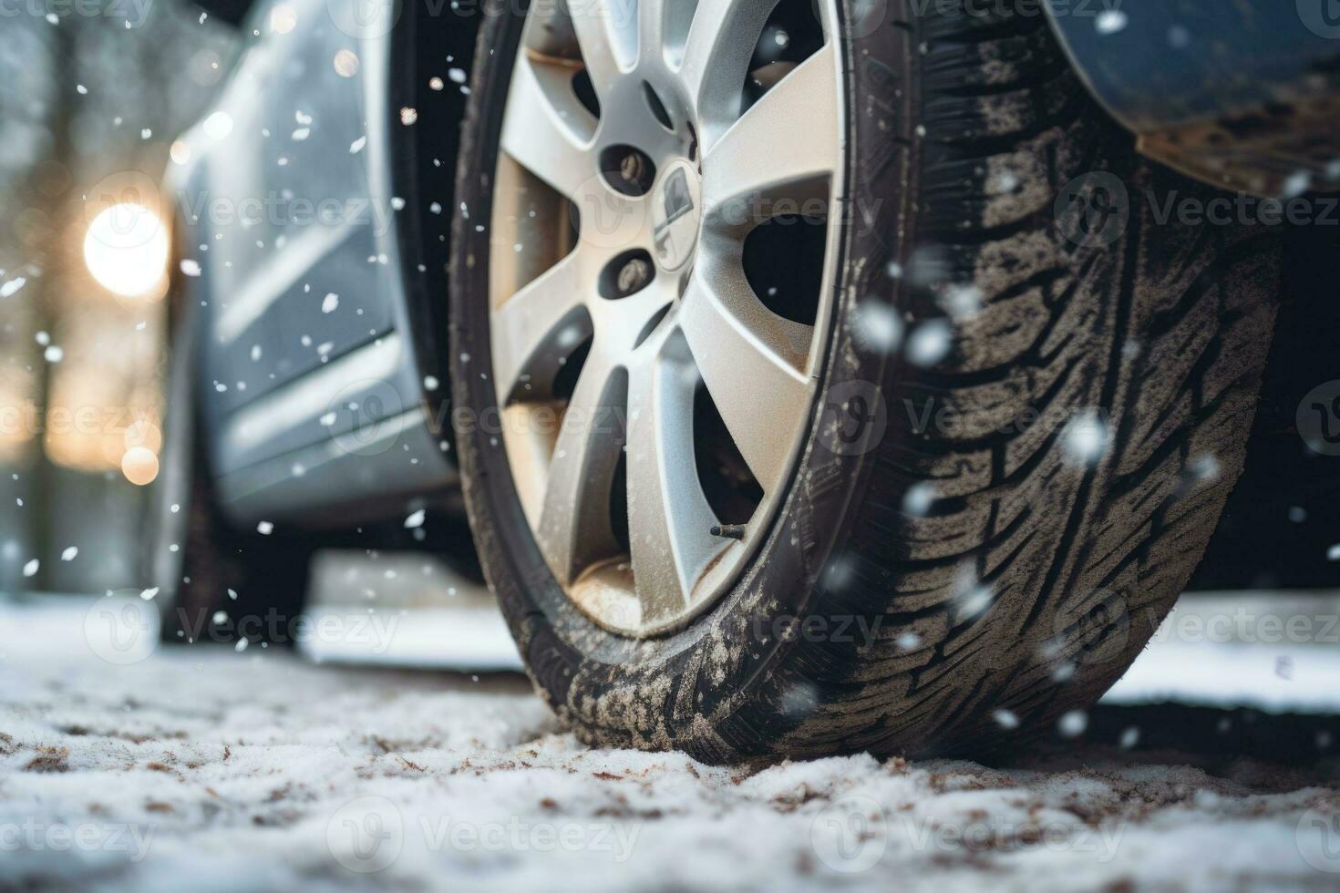 Car tires in winter on the road covered with snow. Generative AI photo