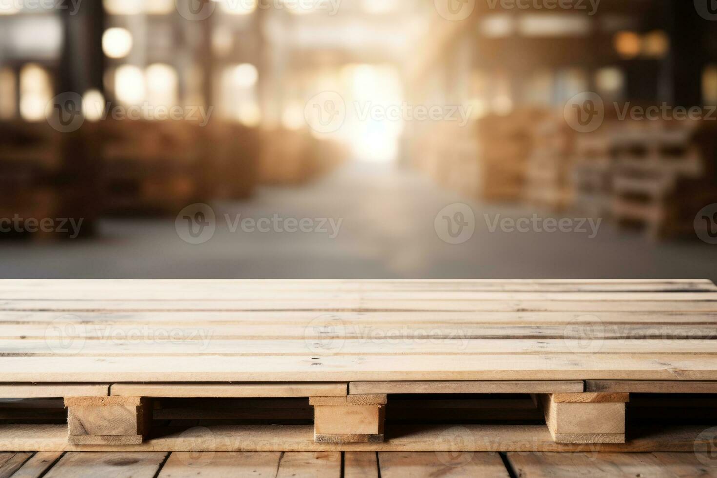 Empty wooden pallet on blurred warehouse background. Generative AI photo