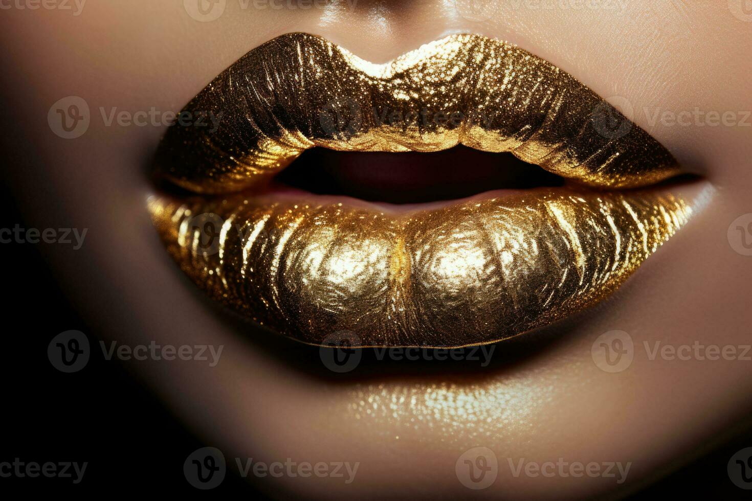 Closeup of golden lipstick. Makeup with metal gold lips. Generative AI illustration photo
