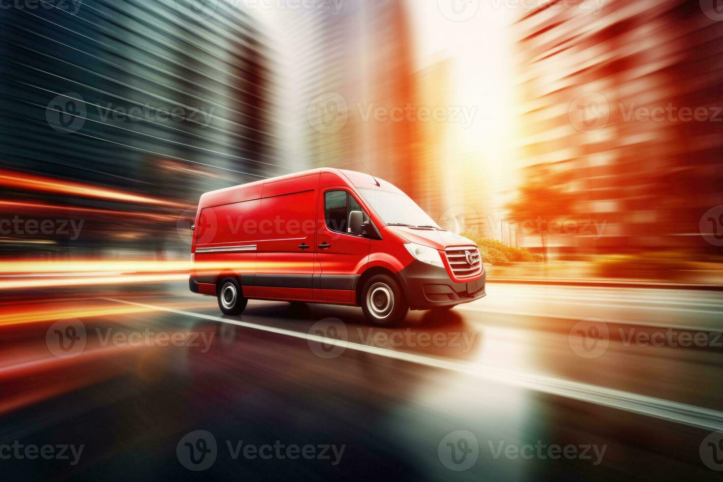 Delivery van driving through the city on a blurred city background. Fast delivery concept. AI generated photo