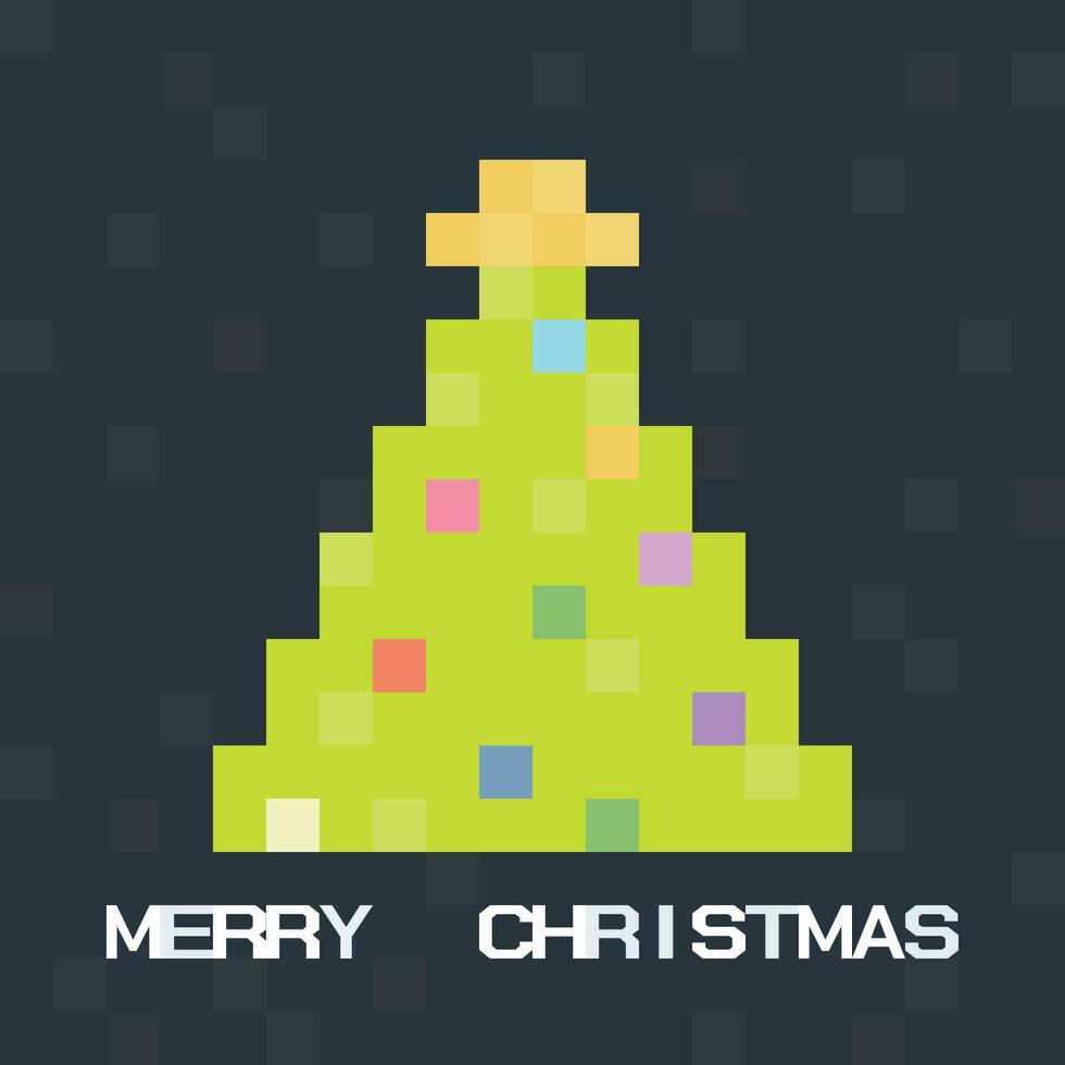 Merry Christmas and decorated Christmas tree 90's gaming concept vector illustration. Merry Christmas 8 bit greeting card template.