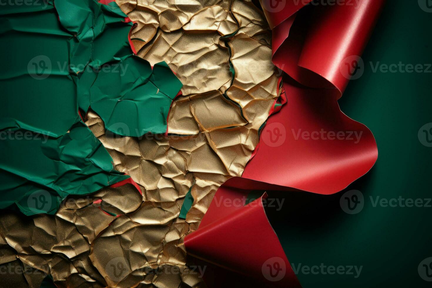 Torn Christmas wrapping paper frame. Generative AI photo