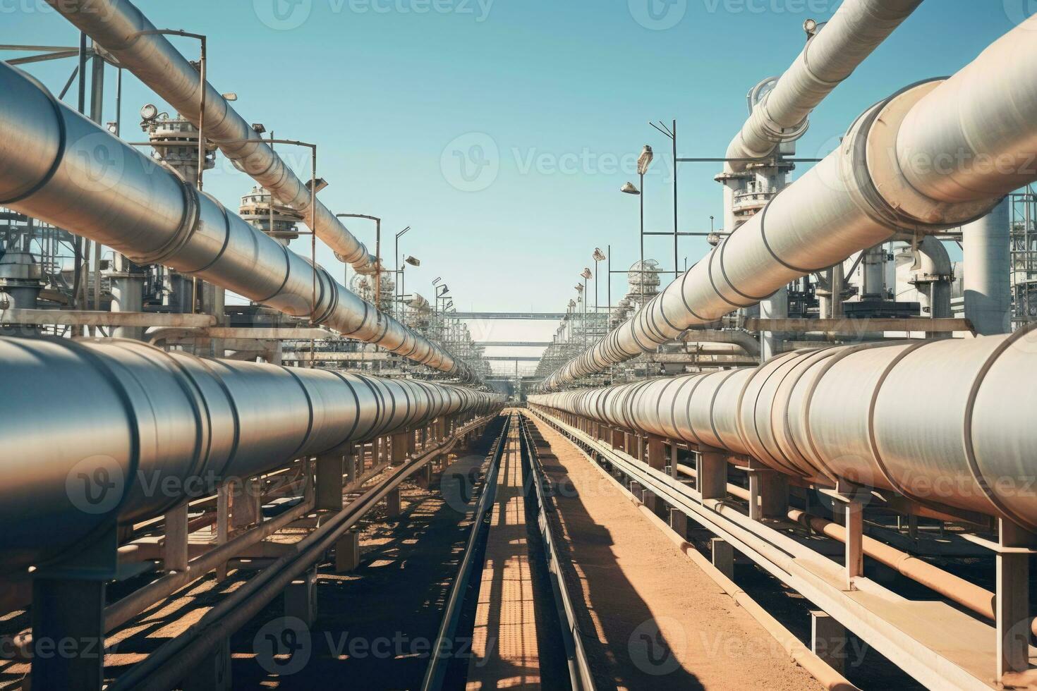 Industrial zone. Steel long pipelines. Generative AI photo