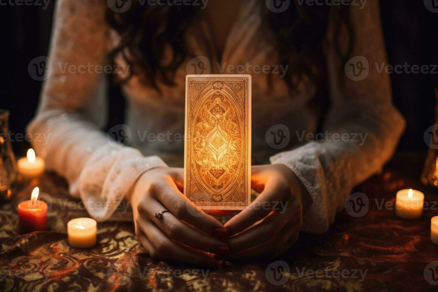 Woman's hand holding a tarot card. Fortune teller reading tarot cards. Generative AI photo