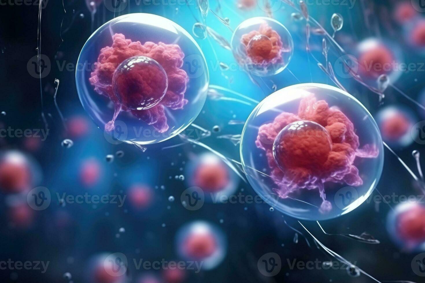 Human cell or Embryonic stem cell, microscope background. Generative AI photo