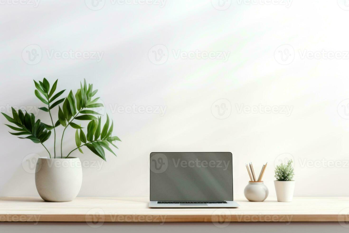 Minimalist simple office workspace with a laptop and a potted plant in soft natural light. Generative AI photo