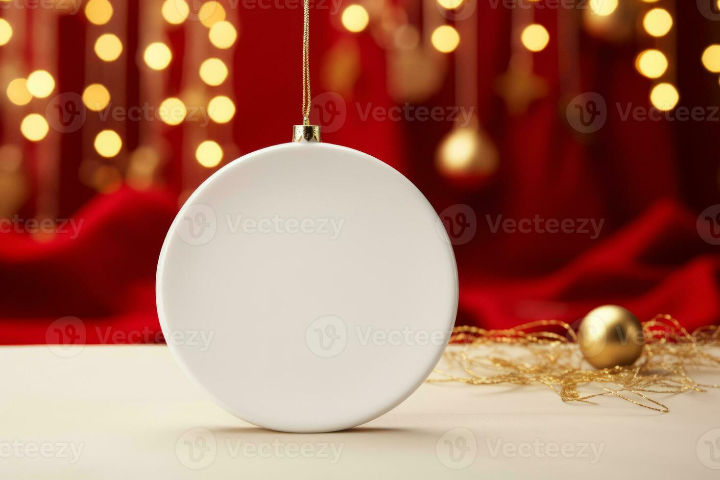 Blank empty white glossy ceramic circle tied with a metallic golden string over a red background and christmas lights. Generative AI photo