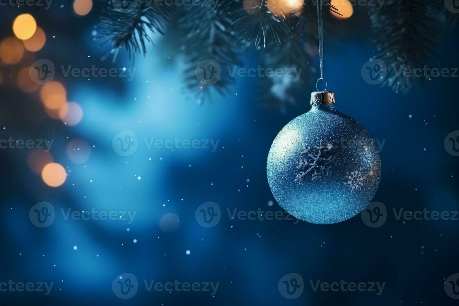 Christmas ball nangs on fir branch with bokeh lights on blue abstract background . Generative AI photo