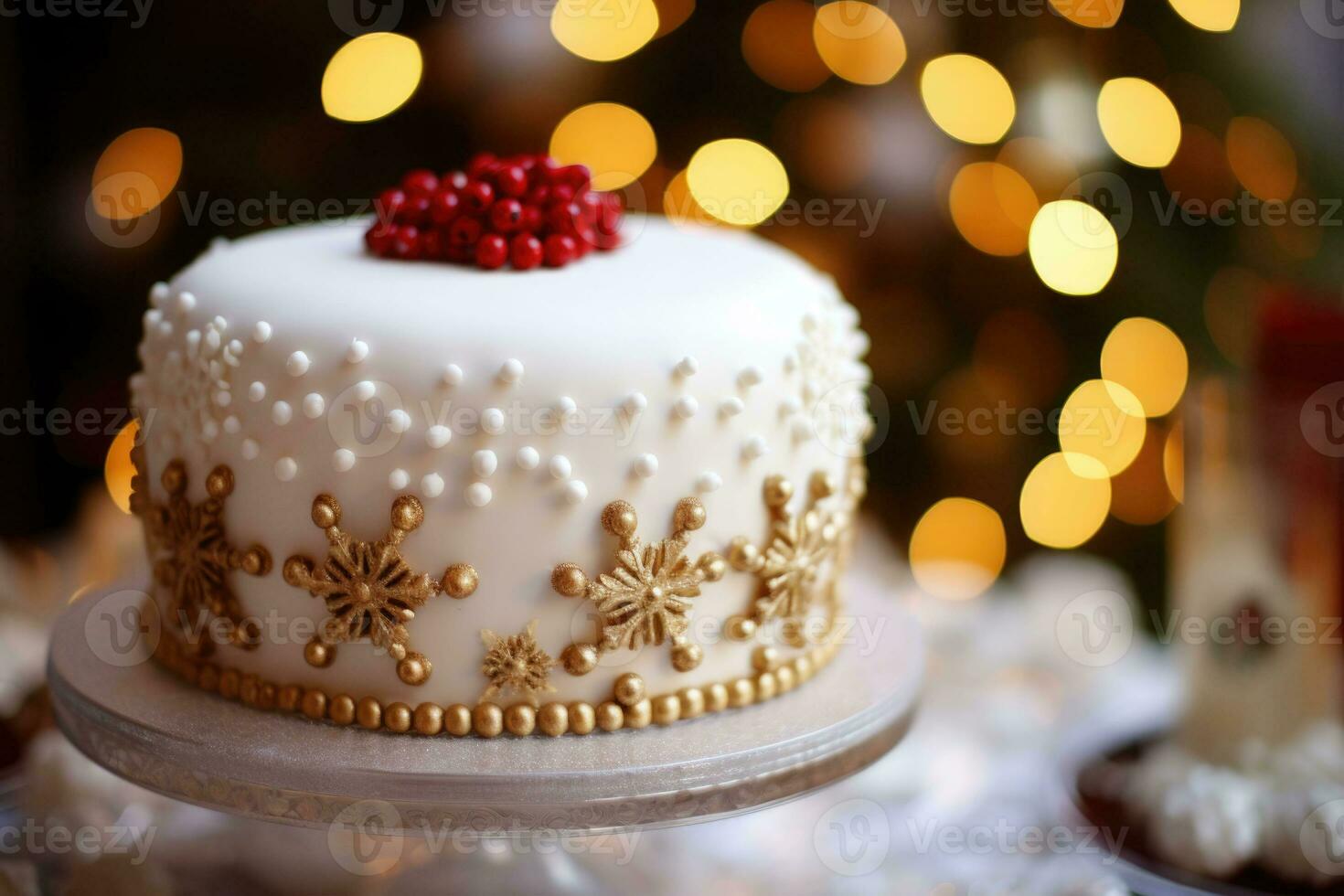 Decorated Christmas cake complete with intricate frosting design. Generative AI photo