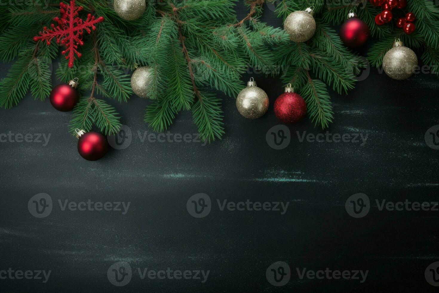 Green fir tree branch, which is decorated with red Christmas balls and other decor. Generative AI photo