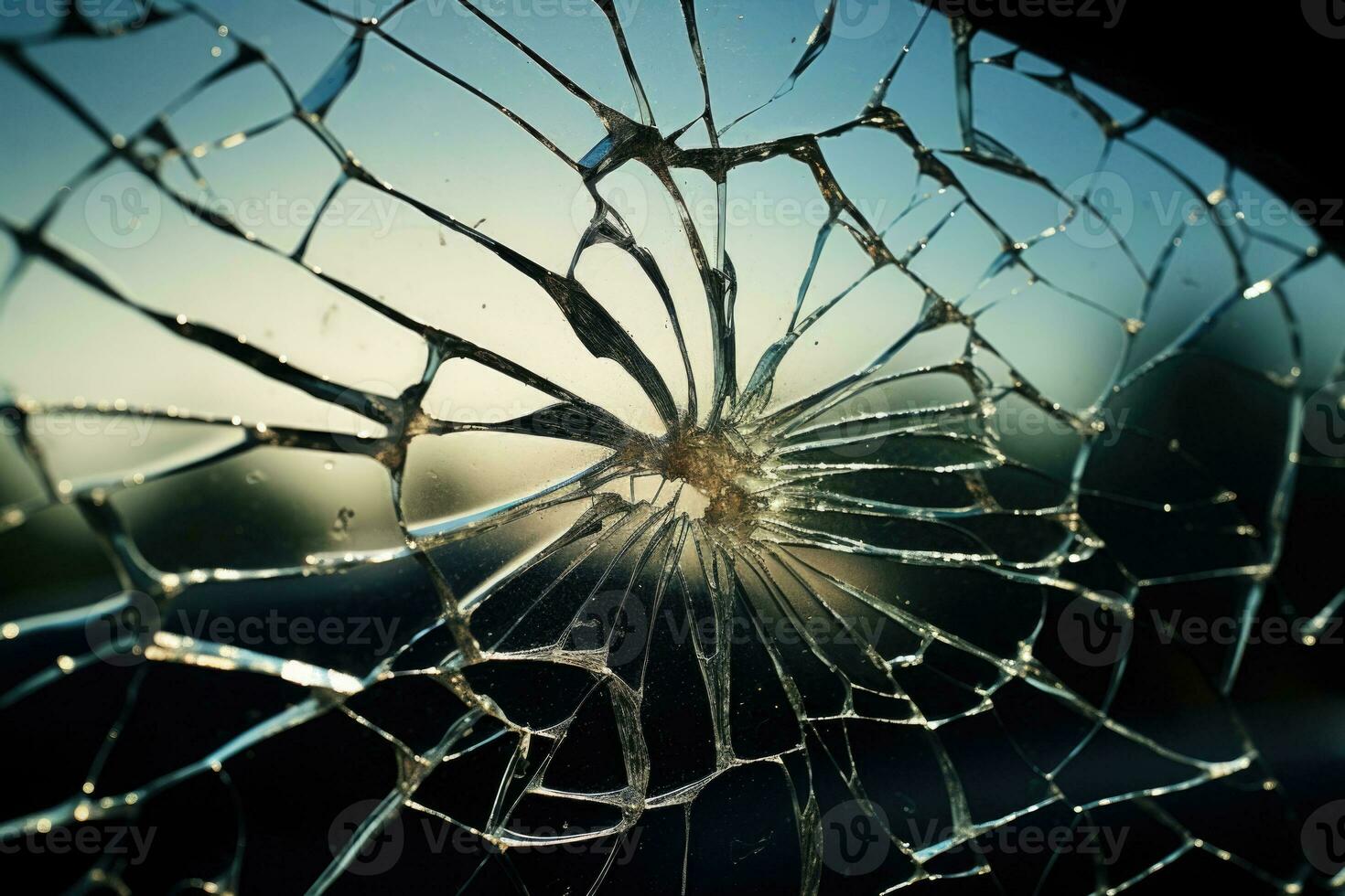 Broken car windshield, damaged glass with traces of oncoming stone on road. Generative AI photo