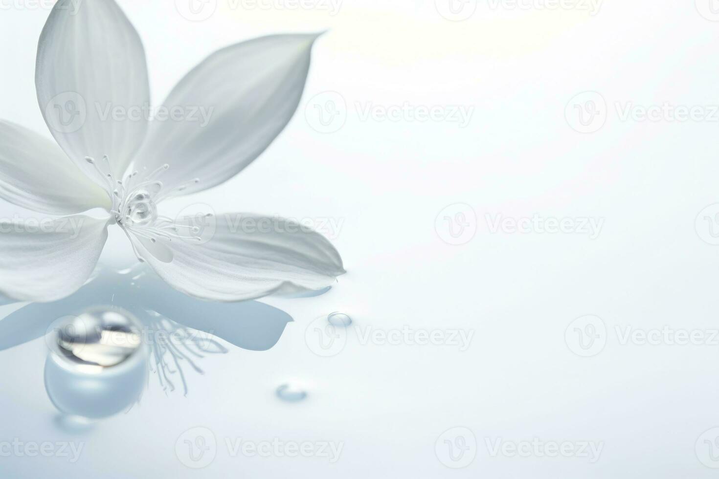 Water drops on white clean flower in a naturally bright environment. Minimalist background. Generative AI photo