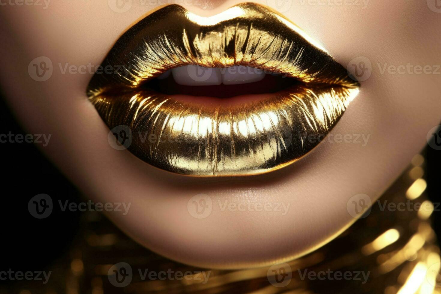 Closeup of golden lipstick. Makeup with metal gold lips. Generative AI illustration photo