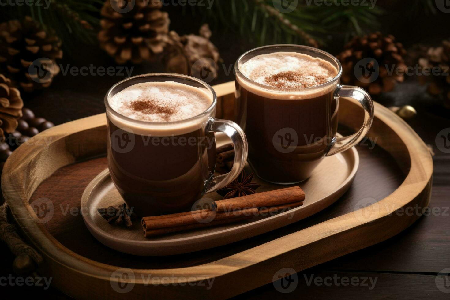 Two cups of hot cocoa on a wooden tray. Organic healthy chocolate drink prepared from cocoa beans. Generative AI photo