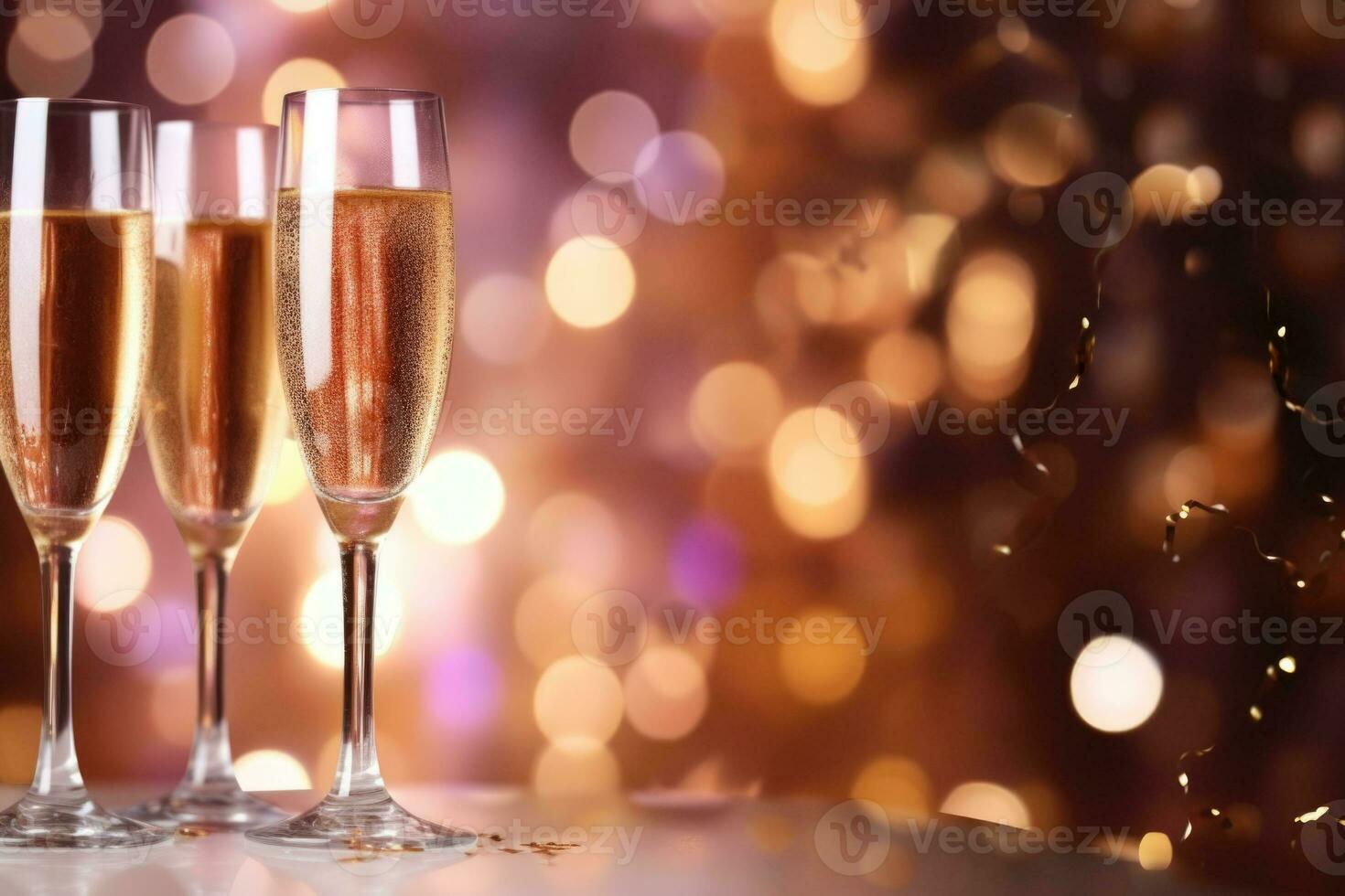 New year's eve celebration background with champagne. Pink bokeh. Generative AI photo