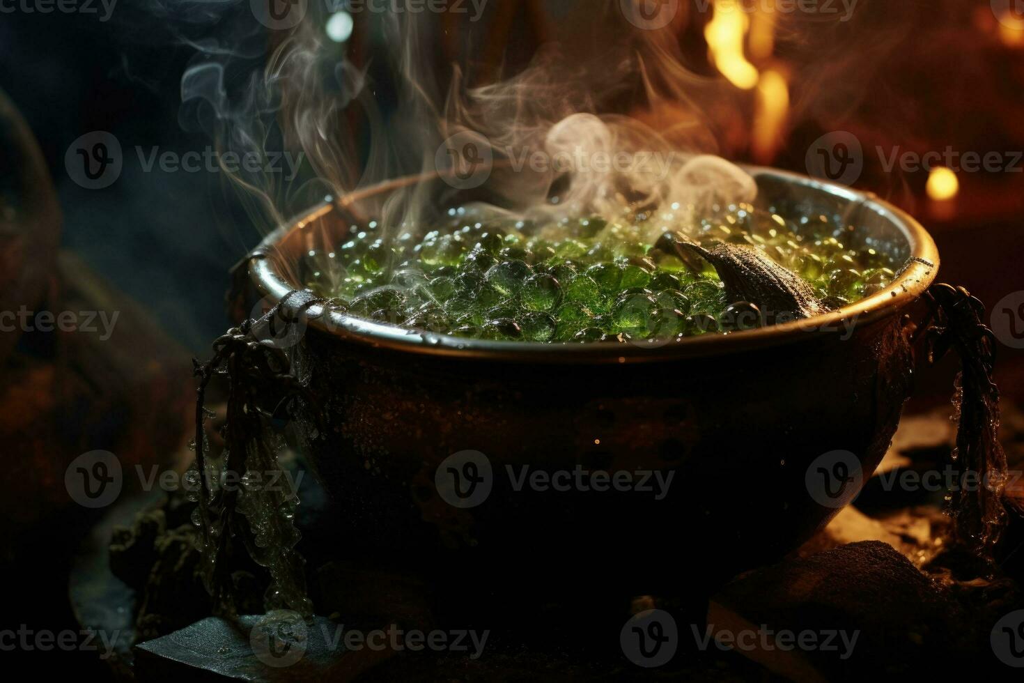 Bubbling cauldron in a dark witchs lair. AI generated photo