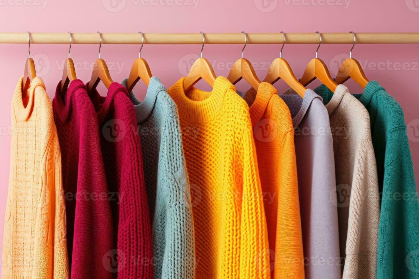 Row of different colorful knitted sweaters hang on hangers