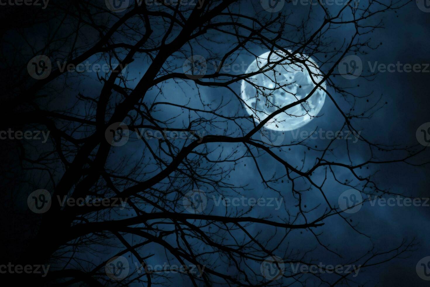 Night dark sky with full moon and branches. Tree branches in the moonlight on a dark background. Generative AI photo