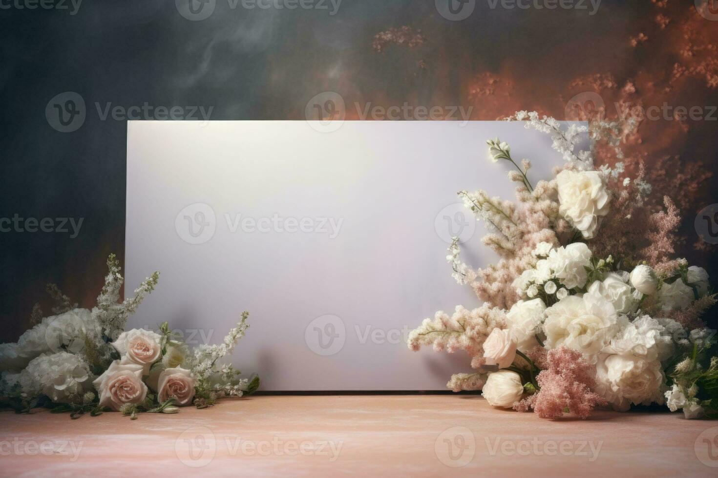 Blank white rectangle with festive flower decorations in soft pastel colors. Generative AI photo