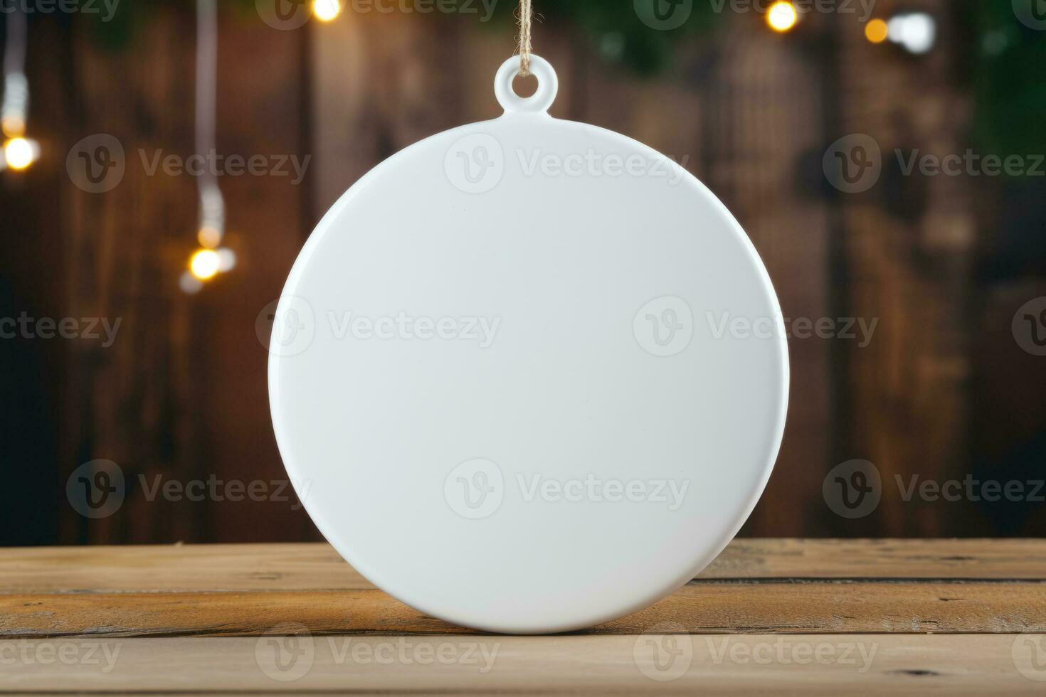 Blank empty white glossy ceramic circle tied with a metallic golden string over a rustic background and christmas lights. Generative AI photo