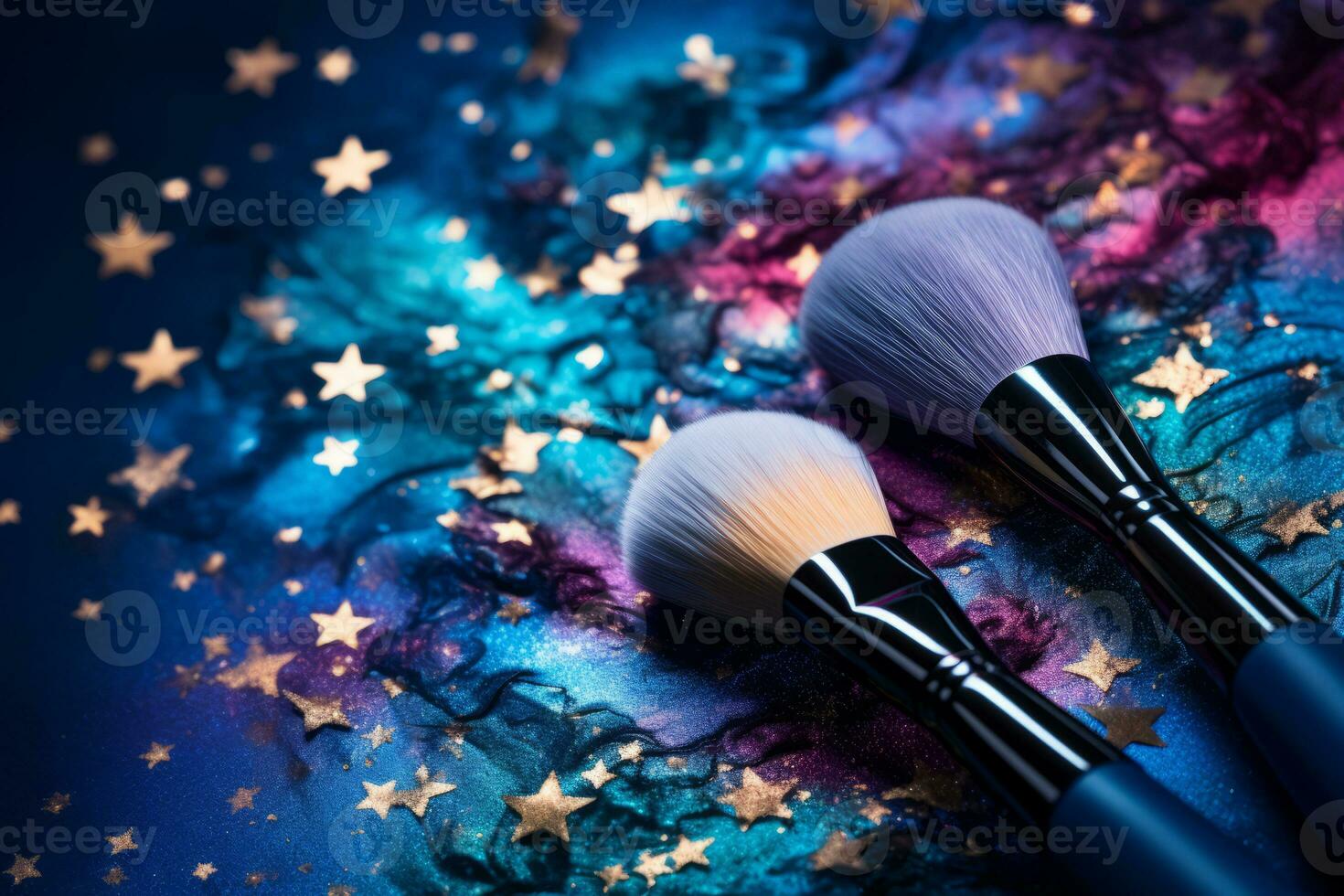 Cosmetic makeup brushes with glitter confetti in the form of stars. Generative AI photo