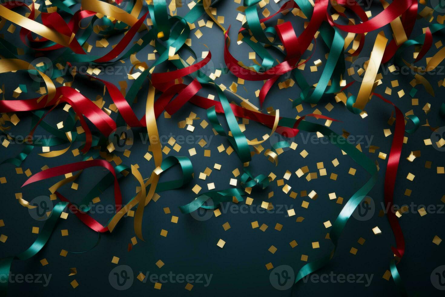Colorful confetti and colored twirled serpentine in a greeting card and party invitation template . Generative AI photo